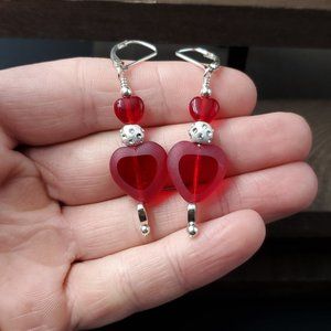Sterling Silver Red Glass Heart And Crystal Earrings